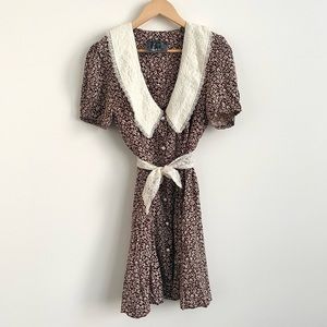 Vintage Floral Lace Peter Pan Collar Brown Mini Dress